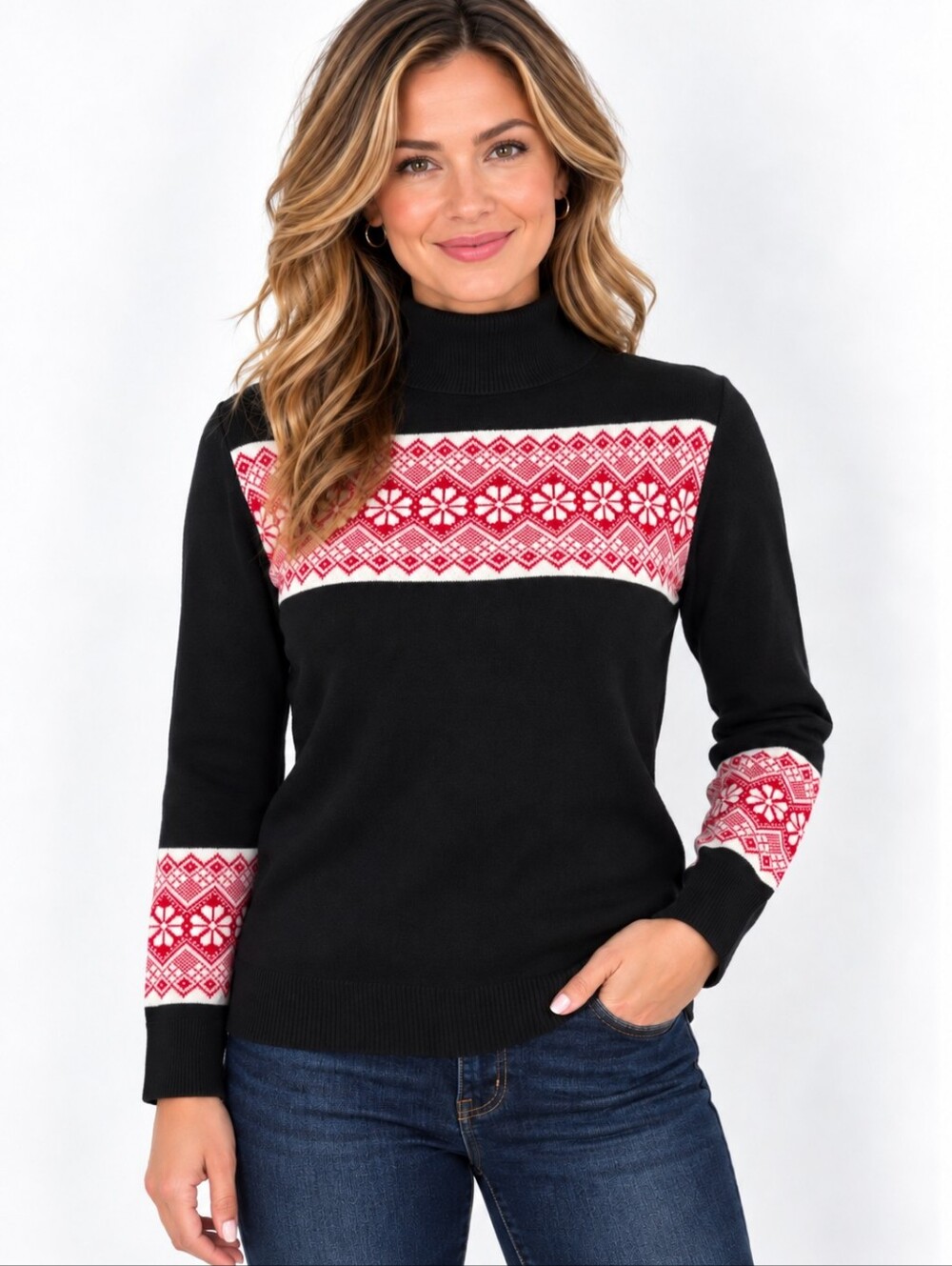 Tommy Hilfiger Stella Fair Isle Turtleneck Sweater Womens M NWT Black Red